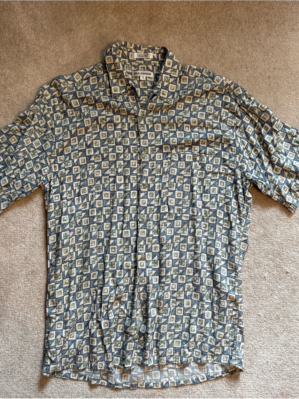 Vintage Via Veneto Geometric Rayon Button-Up Shirt Size Medium Made in Korea